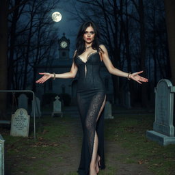 A strikingly beautiful, shapely young woman stands in an eerie, old wooded cemetery at midnight, welcoming you with her arms outstretched and a sardonic half-smile on her face