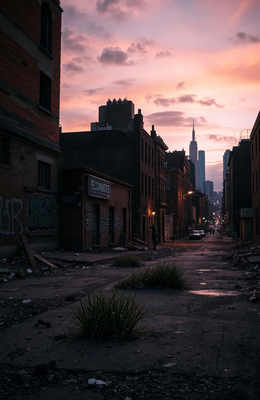 A gritty, urban cityscape featuring dilapidated buildings, crumbling brickwork, graffiti-covered walls, and littered streets