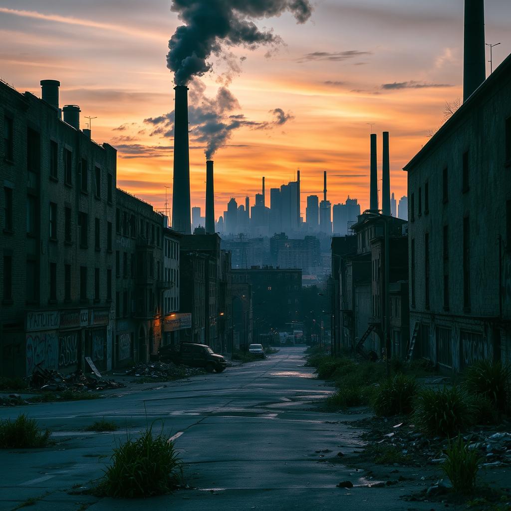 A gritty, urban cityscape featuring dilapidated buildings, crumbling brickwork, and tall smoke stacks emitting plumes of dark smoke into the sky
