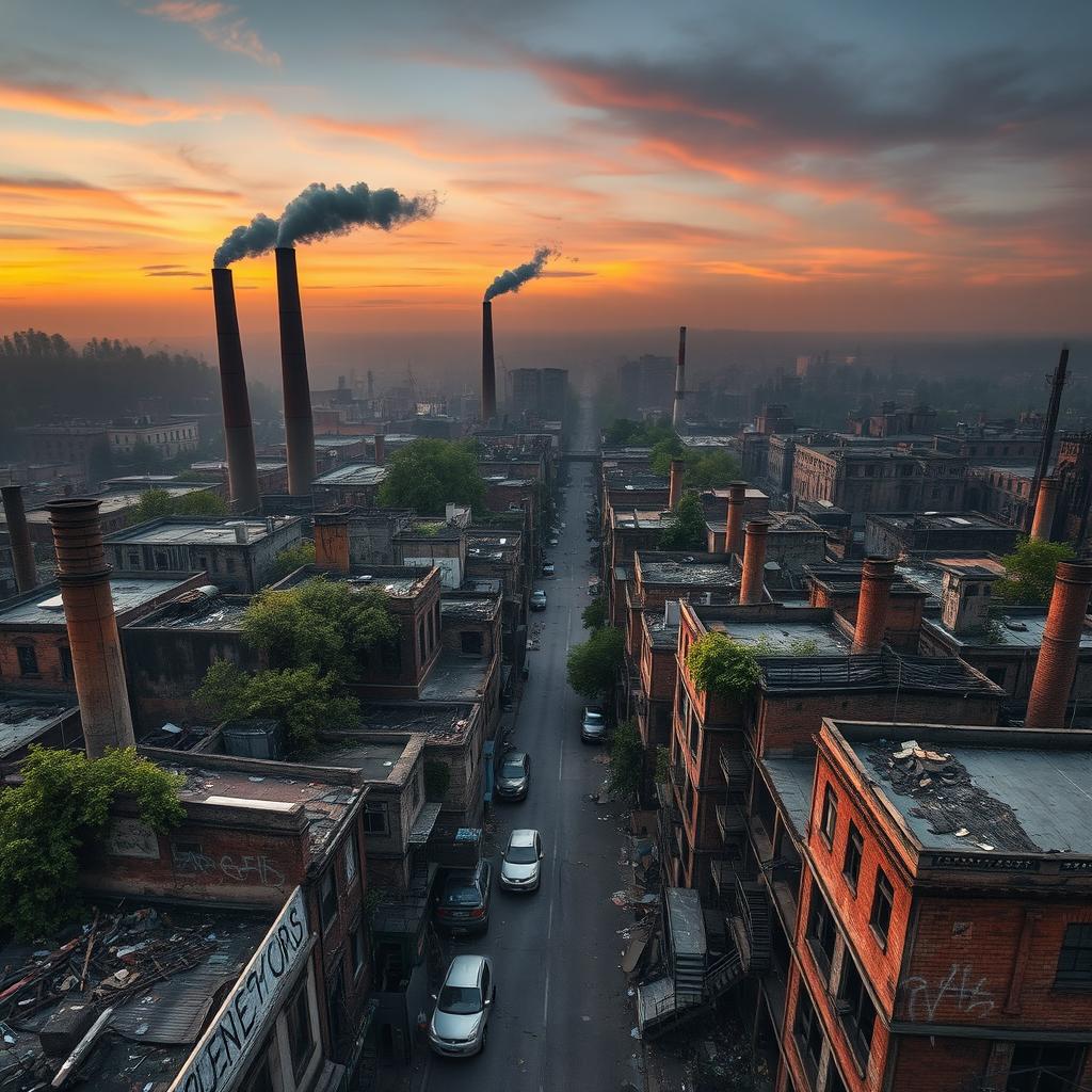 A top view of a gritty, rundown cityscape showcasing a network of narrow streets lined with dilapidated buildings and crumbling infrastructure