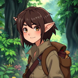 An adventurous archaeologist character inspired by Studio Ghibli, featuring delicate elf-like ears and striking shoulder-length shot brown hair