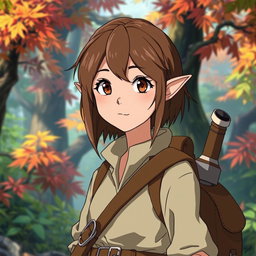 An adventurous archaeologist character inspired by Studio Ghibli, featuring delicate elf-like ears and striking shoulder-length shot brown hair
