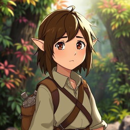 An adventurous archaeologist character inspired by Studio Ghibli, featuring delicate elf-like ears and striking shoulder-length shot brown hair