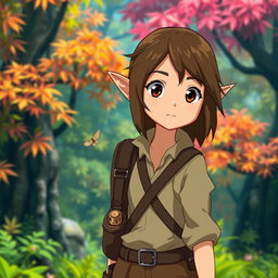 An adventurous archaeologist character inspired by Studio Ghibli, featuring delicate elf-like ears and striking shoulder-length shot brown hair