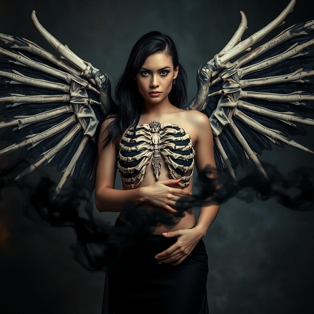 A striking photograph of a woman with large, intricate bone wings extending from her back
