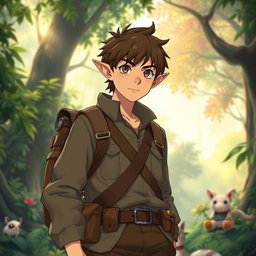 An adventurous male archaeologist character inspired by Studio Ghibli, featuring distinct elf-like ears and short brown hair