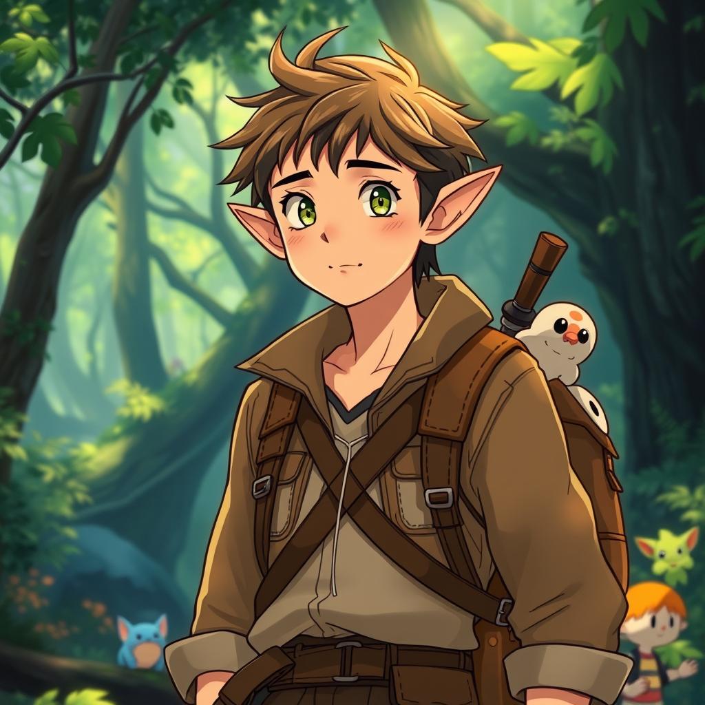 An adventurous male archaeologist character inspired by Studio Ghibli, featuring distinct elf-like ears and short brown hair