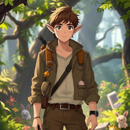 An adventurous male archaeologist character inspired by Studio Ghibli, featuring distinct elf-like ears and short brown hair