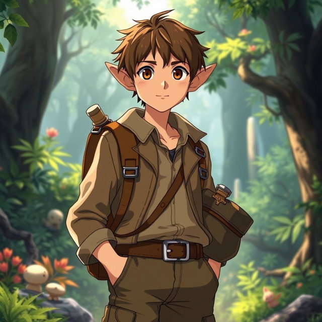 An adventurous male archaeologist character inspired by Studio Ghibli, featuring distinct elf-like ears and short brown hair