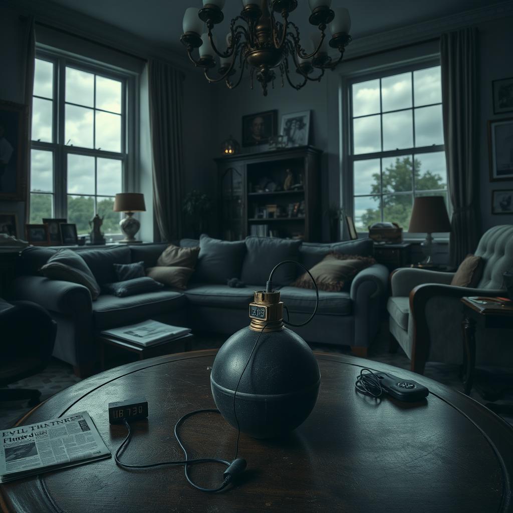 A dramatic scene inside a living room featuring a bomb placed prominently on a coffee table