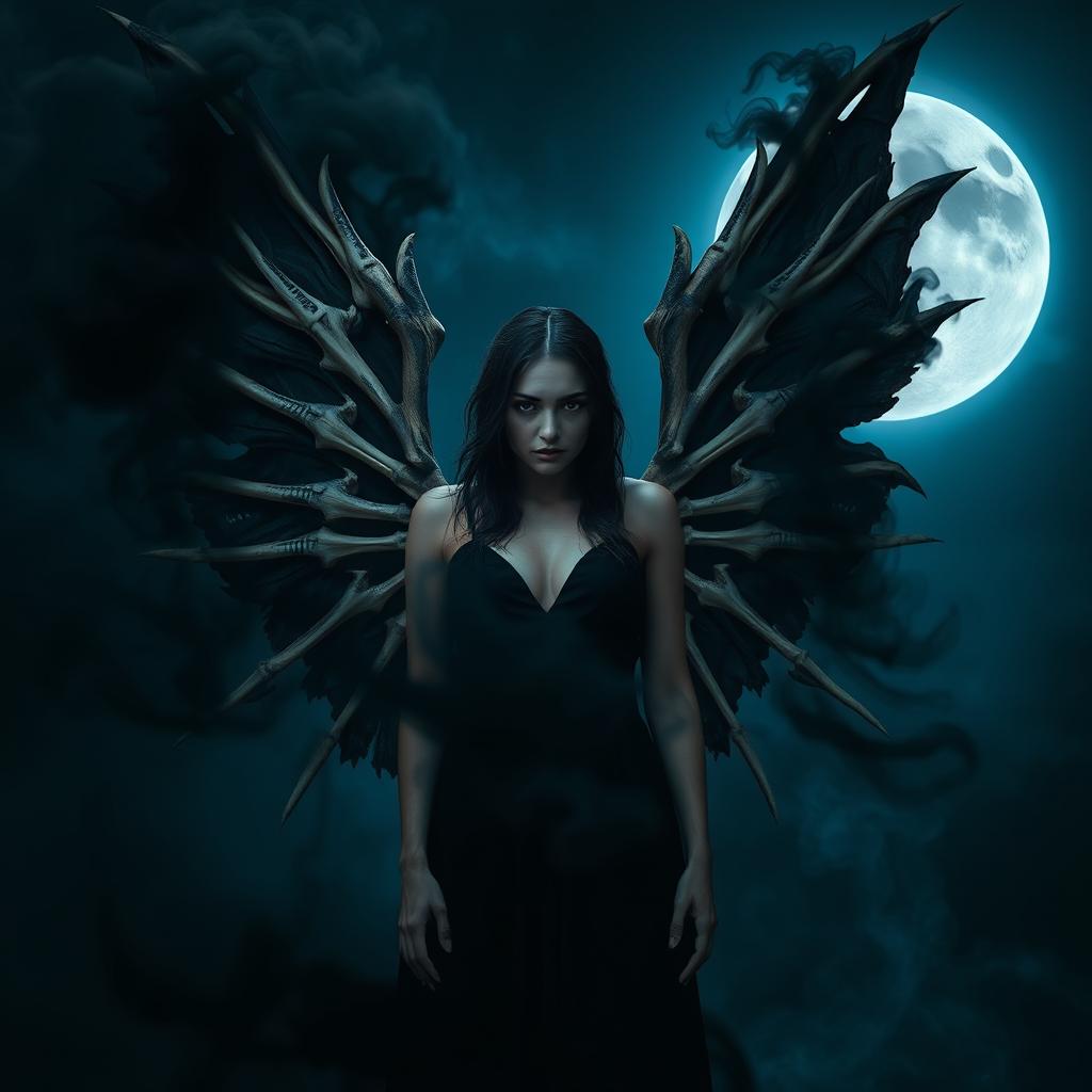 A mesmerizing fantasy-style photograph of a woman with large, intricate bone wings extending from her back