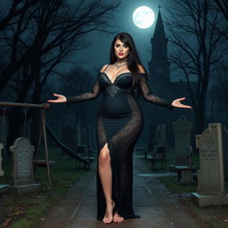 A breathtakingly beautiful and curvy young woman stands in a lightly wooded, haunted cemetery at midnight