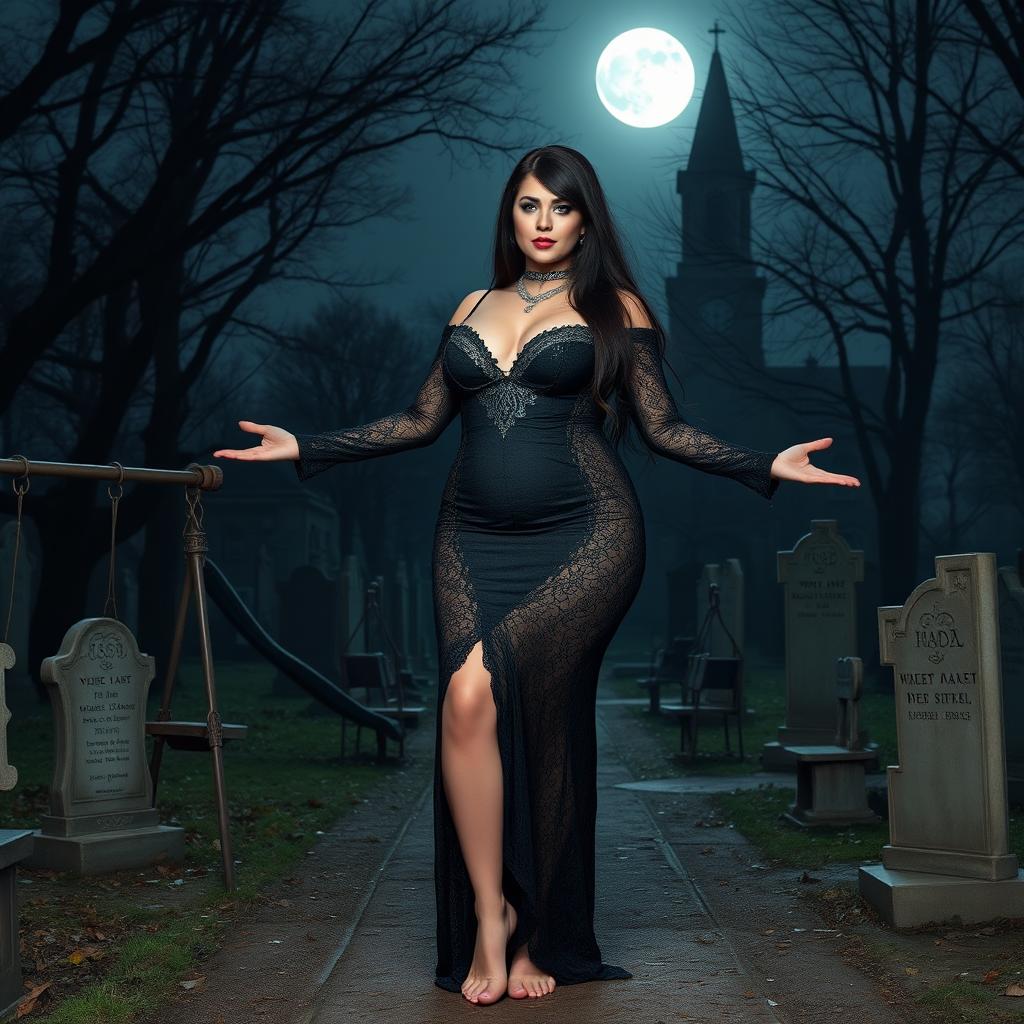 A breathtakingly beautiful and curvy young woman stands in a lightly wooded, haunted cemetery at midnight