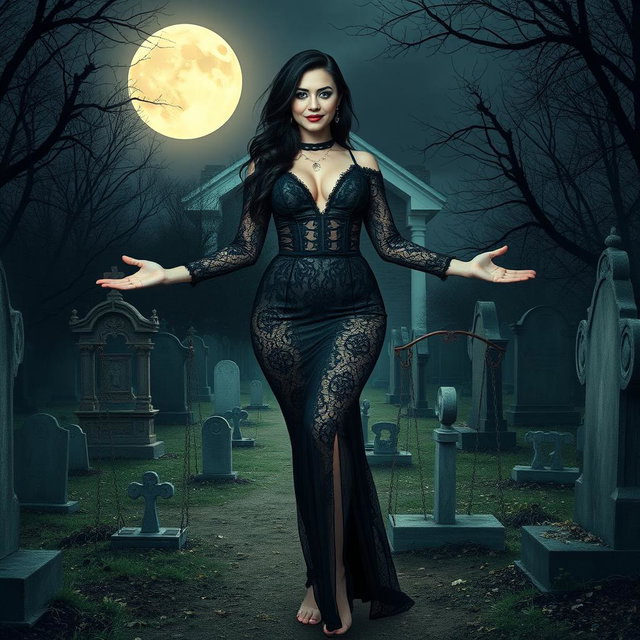 A breathtakingly beautiful and curvy young woman stands in a lightly wooded, haunted cemetery at midnight