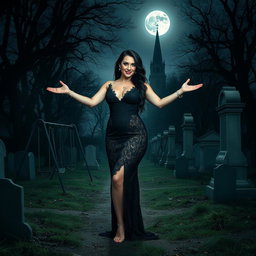 A breathtakingly beautiful and curvy young woman stands in a lightly wooded, haunted cemetery at midnight