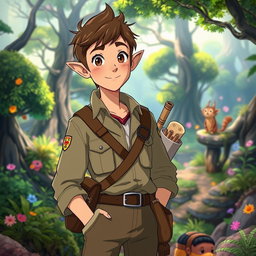 An engaging male archaeologist character inspired by Studio Ghibli, featuring distinct elf-like ears and short brown hair