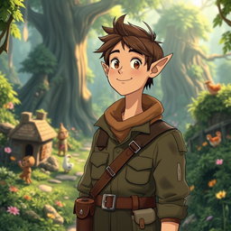 An engaging male archaeologist character inspired by Studio Ghibli, featuring distinct elf-like ears and short brown hair