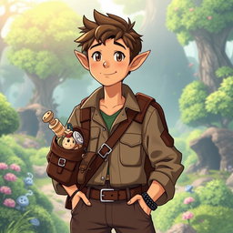 An engaging male archaeologist character inspired by Studio Ghibli, featuring distinct elf-like ears and short brown hair