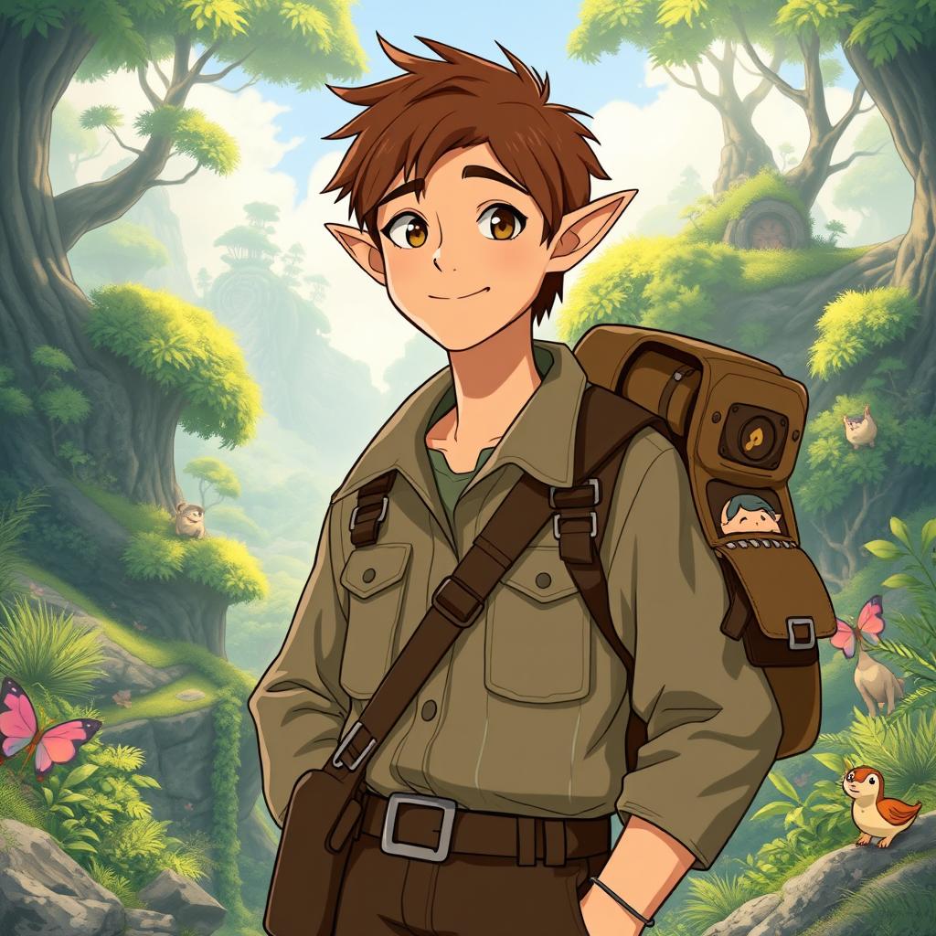 An engaging male archaeologist character inspired by Studio Ghibli, featuring distinct elf-like ears and short brown hair