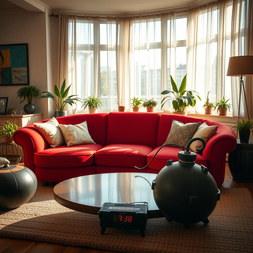 A bright and inviting living room featuring a large, round red couch as the focal point, perfectly positioned in the center of the room