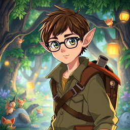 A captivating male archaeologist character inspired by Studio Ghibli, featuring distinct elf-like ears, short brown hair, and stylish glasses