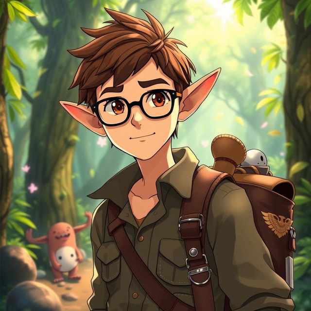 A captivating male archaeologist character inspired by Studio Ghibli, featuring distinct elf-like ears, short brown hair, and stylish glasses
