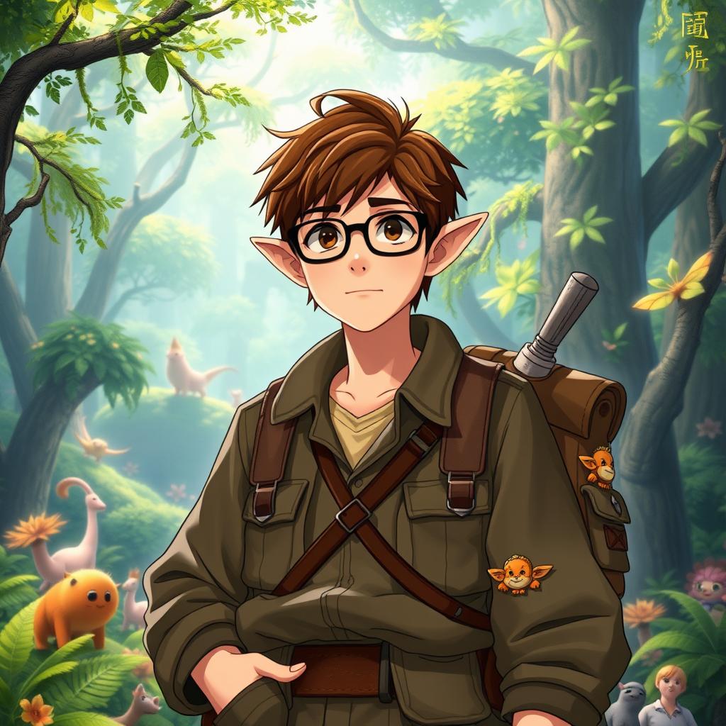 A captivating male archaeologist character inspired by Studio Ghibli, featuring distinct elf-like ears, short brown hair, and stylish glasses
