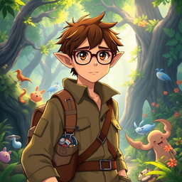 A captivating male archaeologist character inspired by Studio Ghibli, featuring distinct elf-like ears, short brown hair, and stylish glasses