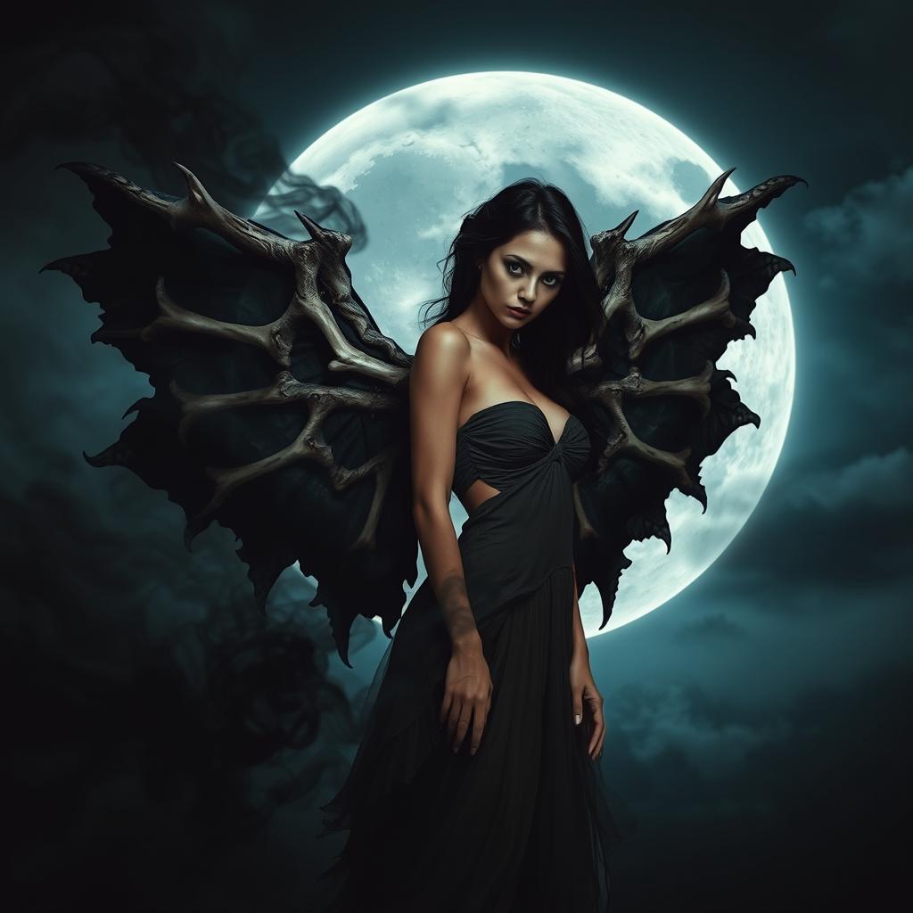 A captivating fantasy-style image of a woman with large, intricately detailed bone wings extending from her back