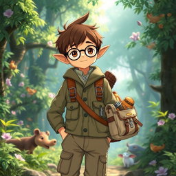A charming male archaeologist character inspired by Studio Ghibli, featuring distinct elf-like ears, short brown hair, and stylish glasses