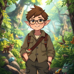 A charming male archaeologist character inspired by Studio Ghibli, featuring distinct elf-like ears, short brown hair, and stylish glasses
