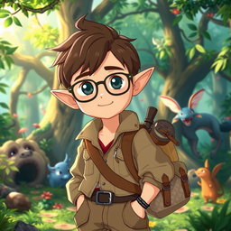 A charming male archaeologist character inspired by Studio Ghibli, featuring distinct elf-like ears, short brown hair, and stylish glasses