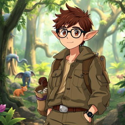 A charming male archaeologist character inspired by Studio Ghibli, featuring distinct elf-like ears, short brown hair, and stylish glasses