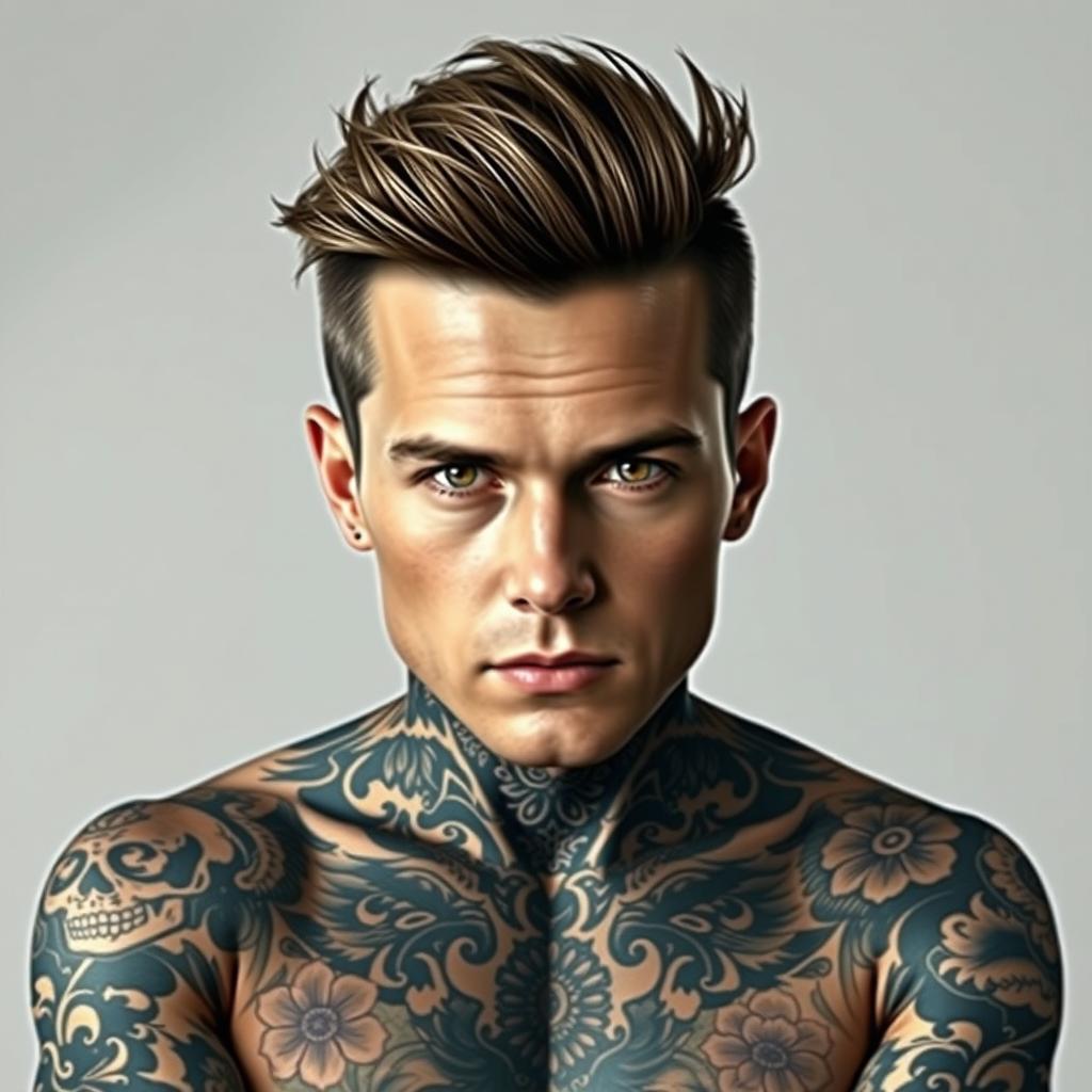 A realistic portrait of a person's face seamlessly blended onto a heavily tattooed body
