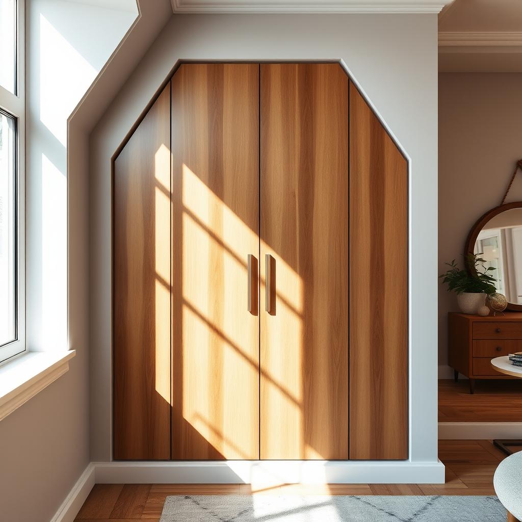 An embedded wardrobe in a wall featuring a trapezoidal design, showcasing elegant lines and a modern look
