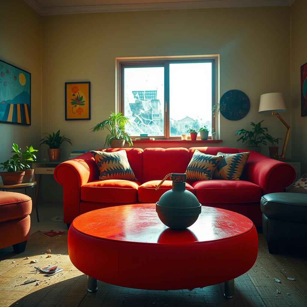 A striking scene in a bright living room centered around a big round red couch, which serves as the focal point of the cheerful decor