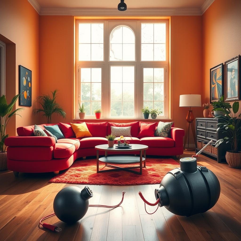 A bright and vibrant living room filled with natural light, centered around a large, round red couch that offers a pop of color against the warm, neutral tones of the walls