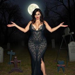 A breathtakingly beautiful and curvy 18-year-old girl stands in a lightly wooded, haunted cemetery at midnight, arms outstretched in a welcoming pose, her face adorned with a sardonic half-smile