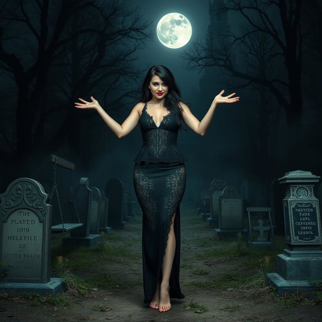 A breathtakingly beautiful and curvy 18-year-old girl stands in a lightly wooded, haunted cemetery at midnight, arms outstretched in a welcoming pose, her face adorned with a sardonic half-smile
