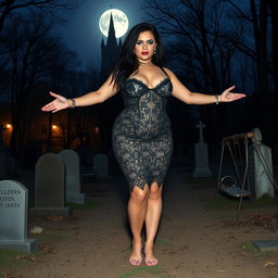 A stunningly beautiful and curvy 18-year-old girl stands in a hauntingly eerie, lightly wooded cemetery at midnight
