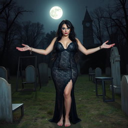 A stunningly beautiful and curvy 18-year-old girl stands in a hauntingly eerie, lightly wooded cemetery at midnight