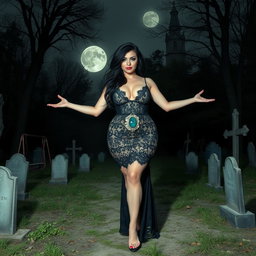 A stunningly beautiful and curvy 18-year-old girl stands in a hauntingly eerie, lightly wooded cemetery at midnight