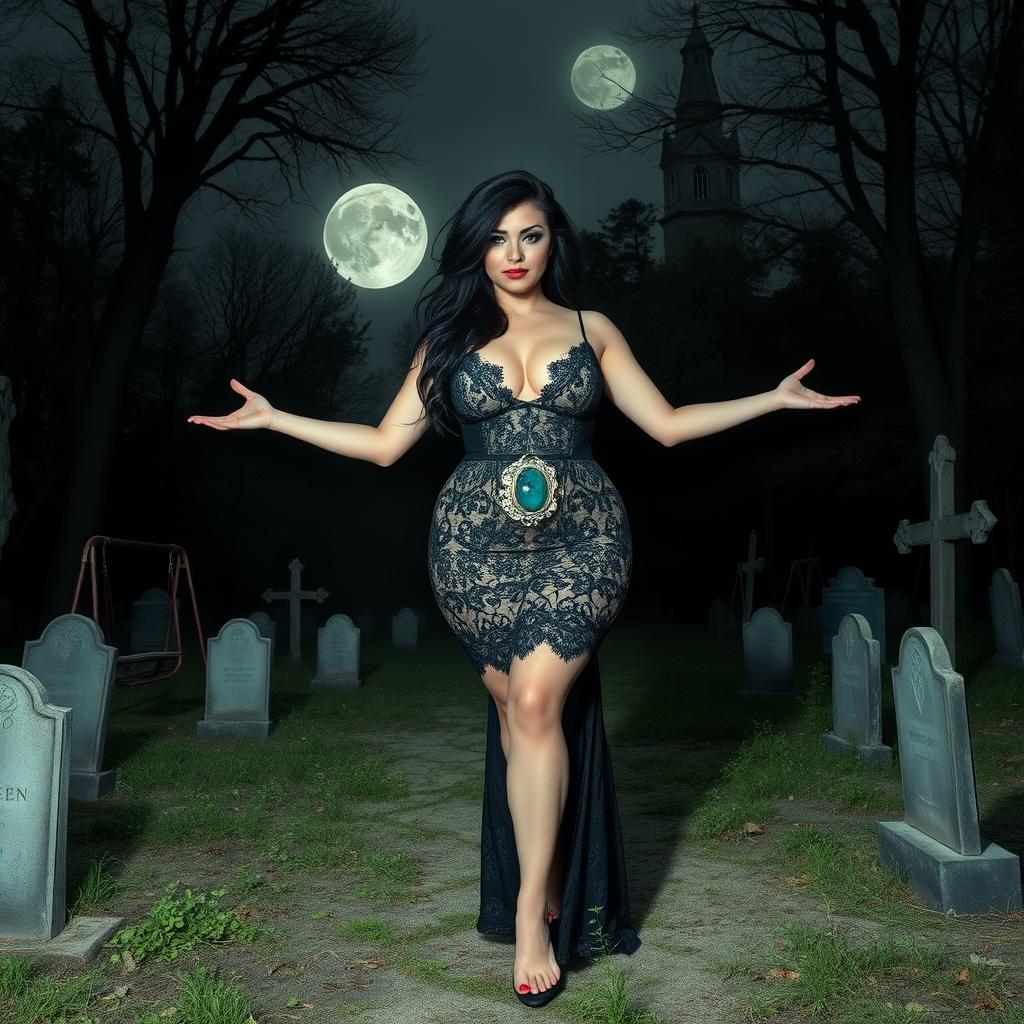 A stunningly beautiful and curvy 18-year-old girl stands in a hauntingly eerie, lightly wooded cemetery at midnight