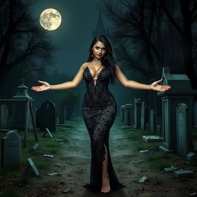 A stunningly beautiful and curvy 18-year-old girl stands in a hauntingly eerie, lightly wooded cemetery at midnight