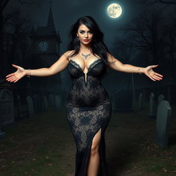 A stunningly beautiful and curvy 18-year-old girl stands in an old, haunted cemetery at midnight, welcoming you with her arms outstretched and a sardonic half-smile on her face