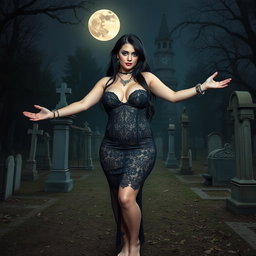 A stunningly beautiful and curvy 18-year-old girl stands in an old, haunted cemetery at midnight, welcoming you with her arms outstretched and a sardonic half-smile on her face