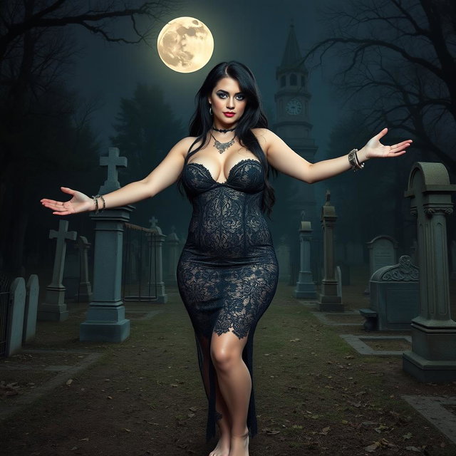 A stunningly beautiful and curvy 18-year-old girl stands in an old, haunted cemetery at midnight, welcoming you with her arms outstretched and a sardonic half-smile on her face