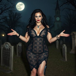 A stunningly beautiful and curvy 18-year-old girl stands in an old, haunted cemetery at midnight, welcoming you with her arms outstretched and a sardonic half-smile on her face