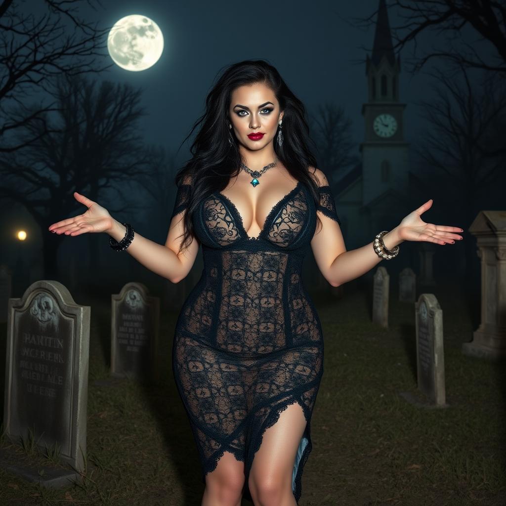 A stunningly beautiful and curvy 18-year-old girl stands in an old, haunted cemetery at midnight, welcoming you with her arms outstretched and a sardonic half-smile on her face