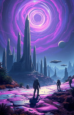 A breathtaking sci-fi landscape featuring towering crystalline structures under a purple and blue swirling nebula